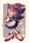  1boy alternate_costume animal_nose aoki_(fumomo) apron black_dress bow bowtie closed_mouth crossdressing dress eating enmaided full_body gloves high_heels holding holding_spoon maid maid_apron maid_headress male_focus red_bow red_eyes red_footwear shadow_the_hedgehog solo sonic_the_hedgehog spoon white_apron white_gloves 