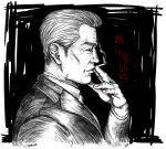  absurdres artist_name character_name chuukan_kanriroku_tonegawa cigarette from_side greyscale highres holding holding_cigarette kaiji male_focus monochrome old old_man realistic smoking spot_color tonegawa_yukio toyryla 