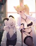  anthro blush breasts canid canine clothed clothing female fur hair hi_res horn kemono legwear lingerie looking_at_viewer mammal panties smile stockings underwear white_body white_fur whooo-ya 