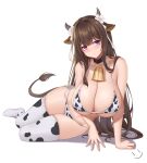  1girl absurdres animal_ears azur_lane bangs bare_shoulders bell bell_collar bikini blush breasts cleavage collar collarbone cow_ears cow_girl cow_horns cow_tail cowbell flower highres horns huge_breasts kashino_(azur_lane) long_hair looking_at_viewer navel purple_eyes simple_background swimsuit tail thighhighs very_long_hair wei_xiao white_bikini white_flower white_legwear 