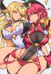  2girls :d bangs bare_legs bare_shoulders black_gloves blonde_hair bob_cut breast_grab breasts chest_jewel cleavage cleavage_cutout clothing_cutout dress earrings elbow_gloves fingerless_gloves gloves grabbing highres jewelry large_breasts long_hair looking_at_viewer multiple_girls mythra_(xenoblade) nac000 open_mouth pyra_(xenoblade) red_eyes red_footwear red_hair red_legwear red_shorts seiza short_dress short_hair short_shorts shorts sitting smile swept_bangs teeth thigh_strap thighhighs tiara white_background white_dress white_footwear white_gloves xenoblade_chronicles_(series) xenoblade_chronicles_2 yellow_eyes 