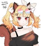  1girl absurdres acorn animal_ears bangs blonde_hair commission eyebrows_visible_through_hair eyewear_on_head food_themed_hair_ornament glasses hair_ornament hair_ribbon hairclip highres indie_virtual_youtuber nagao_yoichi open_mouth ribbon risu_(oppabo) solo star_(symbol) tail white_background 