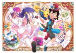  1boy 1girl :d apron ash_ketchum bangs black_hair blue_eyes blush buttons card clothed_pokemon commentary_request cup dawn_(pokemon) dododo_dadada dress eye_contact gen_1_pokemon gen_4_pokemon hair_ornament hairclip hat holding holding_hand holding_spoon knees looking_at_another mouth_hold open_mouth pikachu pink_dress piplup playing_card pokemon pokemon_(anime) pokemon_(creature) pokemon_dppt_(anime) pokemon_on_arm red_headwear shoes short_sleeves shorts sidelocks smile socks spoon teacup teapot tongue top_hat vest white_legwear 