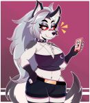  7:8 absurd_res anthro canid canid_demon cellphone clothing demon female hellhound helluva_boss hi_res loona_(vivzmind) mammal phone solo wireless_shiba 