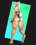  2018 4:5 absurd_res anthro balls_in_panties bean_(tmwalpha22) blue_spots bra bulge butt capreoline cervid clothed clothing condom crossdressing digital_media_(artwork) full-length_portrait fur girly green_eyes hair hand_on_hip hi_res looking_at_viewer looking_back looking_back_at_viewer male mammal panties portrait sexual_barrier_device simple_background smile solo sports_bra spots standing thong tyroo underwear watermark white-tailed_deer 
