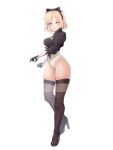  1girl black_bow black_legwear blonde_hair blue_eyes blush boots bow cosplay foxxarius frown high_heel_boots high_heels highres hololive hololive_english leotard mole mole_under_mouth nier_(series) nier_automata short_hair solo thigh_boots thighhighs thighs watson_amelia white_background yorha_no._2_type_b yorha_no._2_type_b_(cosplay) 