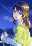  1girl :d bangs blue_eyes blue_sweater brown_hair cloud commentary_request cup eyebrows_visible_through_hair hair_between_eyes highres holding holding_cup long_hair long_sleeves looking_at_viewer looking_to_the_side mono_lith mug night night_sky open_mouth original outdoors railing shawl sky sleeves_past_wrists smile solo star_(sky) starry_sky sweater turtleneck turtleneck_sweater upper_body 