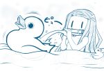  1girl bamboo bit_gag blush breasts collarbone commentary_request forehead gag haryuu_(poetto) kamado_nezuko kimetsu_no_yaiba long_hair monochrome mouth_hold navel nude partially_submerged rubber_duck simple_background sitting small_breasts solo very_long_hair water white_background |_| 
