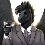  2020 anthro apple-faced black_body black_feathers black_hair black_nails black_skin black_wings bust_portrait clothing colored_nails digital_media_(artwork) equid equine feathers front_view green_eyes hair hi_res holding_glass holding_object looking_at_viewer male mammal nails necktie pegasus portrait purple_necktie shirt simple_background solo suit topwear white_background white_clothing white_shirt white_topwear wings 