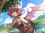  1girl animal_ears arinu bangs bird_ears bird_wings blue_sky breasts brown_dress cleavage cloud cowboy_shot dress eyebrows_visible_through_hair feathered_wings green_nails holding holding_clothes holding_dress jewelry large_breasts looking_at_viewer mountain mystia_lorelei no_hat no_headwear open_mouth outdoors pink_eyes pink_hair short_hair single_earring sky sleeveless sleeveless_dress smile solo standing touhou tree water water_in_hands wet white_feathers white_wings wings 