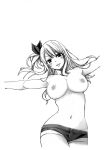  1girl bare_shoulders blush breasts fairy_tail greyscale headband large_breasts long_hair lucy_heartfilia lying monochrome nipples no_bra nude open_mouth shorts smile solo stomach 