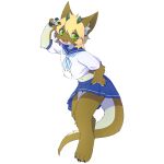  1:1 alpha_channel anthro blonde_hair bottomwear brown_body brown_fur clothed clothing crossdressing dev_voxy dragon ear_tuft fur furred_dragon gesture girly green_eyes hair horn king_(character) looking_at_viewer male open_mouth pose sailor_uniform skirt smile solo tuft v_sign 