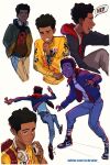  1boy alternate_costume black_hair black_skin caleb_thomas closed_eyes colored_skin english_text headphones headphones_around_neck highres hood hooded_jacket jacket laughing marvel miles_morales shoes short_hair sneakers sony spider-man:_into_the_spider-verse spider-man_(series) twitter_username watch wristwatch 