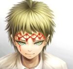  1boy ahoge bangs blood blood_on_face bloody_tears brown_eyes collared_shirt commentary_request danganronpa_(series) danganronpa_2:_goodbye_despair face glasses gradient gradient_background green_eyes grey_background hinata_hajime injury looking_at_viewer male_focus portrait shiny shiny_hair shirt short_hair simple_background smile solo stitches upper_body white_shirt youko-shima 