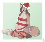  anthro belly big_belly breasts canid canine canis christmas christmas_clothing christmas_headwear clothing deliveredmean42 female geckoguy123456789 hat headgear headwear hi_res holidays jennifer_(geckoguy123456789) mammal pregnant ribbons santa_hat solo wolf 
