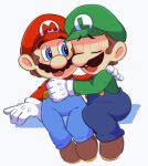  2boys blue_eyes brothers brown_footwear brown_hair closed_eyes facial_hair flat_cap full_body gloves green_headwear green_shirt hand_on_shoulder hat highres hiyashimeso hug long_sleeves looking_at_another luigi mario mario_(series) multiple_boys mustache open_mouth red_headwear red_shirt shirt short_hair siblings simple_background sitting smile white_background white_gloves 