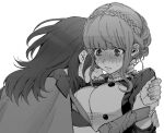  2girls braid byleth_(fire_emblem) byleth_(fire_emblem)_(female) chouonsoku-jiisan closed_mouth crown_braid fire_emblem fire_emblem:_three_houses garreg_mach_monastery_uniform greyscale long_sleeves marianne_von_edmund monochrome multiple_girls simple_background uniform upper_body white_background yuri 