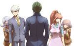  2boys 3girls :d alternate_costume apron blue_dress blue_jacket blue_vest breasts brown_hair brown_jacket brown_skirt collarbone collared_shirt commentary_request crescent crescent_pin danganronpa_(series) danganronpa_3_(anime) dress formal from_behind green_hair hair_ornament hair_ribbon handheld_game_console hiding high_ponytail holding holding_handheld_game_console hope&#039;s_peak_academy_school_uniform jacket kimura_seiko large_breasts long_hair long_ponytail long_sleeves looking_at_another maid maid_apron mask mouth_mask multiple_boys multiple_girls munakata_kyousuke nanami_chiaki necktie open_mouth orange_hair pink_hair ponytail purple_eyes ribbon sakakura_juuzou school_uniform shirt short_hair simple_background skirt smile suit surgical_mask sweatdrop tie_clip upper_teeth vest white_apron white_background white_hair white_ribbon youko-shima yukizome_chisa 