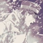  1boy abstract_background absurdres black_eyes commentary english_commentary from_side gero_nrt golden_kamuy greyscale hat highres kepi looking_to_the_side male_focus military_hat monochrome open_mouth scar scar_on_cheek scar_on_face short_hair snowing solo spiked_hair sugimoto_saichi upper_body 