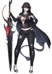 1girl au_ra bangs black_cape black_hair black_horns black_pants black_sclera black_shirt breasts bridal_gauntlets cape cinko cleavage collarbone colored_sclera dark_knight_(final_fantasy) dragon_girl dragon_horns dragon_tail fictional_persona final_fantasy final_fantasy_xiv full_body greatsword hair_over_one_eye hand_on_hip hand_up holding holding_sword holding_weapon horns large_breasts light_smile long_hair looking_at_viewer midriff navel pale_skin pants parted_bangs parted_lips planted_weapon red_eyes sandals scales shirt simple_background sleeveless sleeveless_shirt solo standing stomach swept_bangs sword tail toes torn_clothes torn_pants weapon white_background 