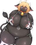  ahoge animal_bikini animal_print anthro areola areola_slip armwear bell bell_collar belly belly_overhang big_breasts bikini biped black_body black_fur blonde_hair blush bovid bovine breasts cattle cleavage clothed clothing collar cow_bikini cow_print cowbell curvy_figure elbow_gloves eyewear female fur glasses glistening glistening_body glistening_breasts glistening_fur glistening_hair gloves grey_eyes hair hands_behind_back handwear hi_res horn huge_breasts kemono legwear looking_at_viewer mammal monotone_body monotone_fur navel neck_tuft overweight overweight_anthro overweight_female pattern_clothing pattern_swimwear pince-nez pink_areola pink_inner_ear shibaemonxsk short_hair shy silver_eyes simple_background skimpy solo standing string_bikini swimwear tail_tuft thick_thighs thigh_highs tuft voluptuous white_background wide_hips 