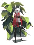  1girl absurdres adapted_costume black_sclera breasts colored_sclera colored_skin elbow_gloves full_body gloves highres hollow_knight hornet_(hollow_knight) horns humanization leaf nail poncho red_eyes rocket_neko see-through shorts small_breasts solo standing thighhighs white_hair white_skin 