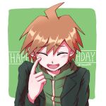  1boy :d ahoge artist_name bangs black_jacket blush brown_hair closed_eyes commentary_request danganronpa:_trigger_happy_havoc danganronpa_(series) eyebrows_visible_through_hair facing_viewer green_background green_hoodie hand_up happy happy_birthday highres hood hood_down hoodie index_finger_raised jacket long_sleeves male_focus naegi_makoto open_clothes open_jacket open_mouth scratching_cheek shiny shiny_hair short_hair simple_background smile solo tansug_(tansuk88) upper_body white_background 