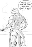  2021 absurd_res anthro apron apron_only back_muscles beastars black_and_white butt clothing cooking dialogue english_text ffog gosha_(beastars) hi_res komodo_dragon lizard looking_at_viewer looking_back male monitor_lizard monochrome mostly_nude muscular muscular_anthro muscular_male rear_view reptile scalie simple_background solo standing text white_background 