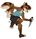  anthro bottomwear canid canine canis cargo_shorts clothing dagger ear_piercing ear_ring female kaitycuddle mammal melee_weapon piercing shirt shorts solo tank_top topwear weapon wolf 