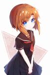  1girl black_sailor_collar black_shirt black_skirt blue_eyes closed_mouth eyebrows_visible_through_hair higurashi_no_naku_koro_ni hiragi_rin orange_hair red_neckwear ryuuguu_rena sailor_collar sailor_shirt school_uniform shirt short_sleeves simple_background skirt smile solo v_arms 