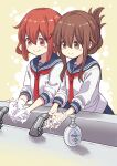  2girls absurdres akatsuki_(kantai_collection) anchor_symbol black_sailor_collar black_skirt blush_stickers brown_eyes brown_hair closed_mouth eyebrows_visible_through_hair folded_ponytail hair_between_eyes hair_ornament hairclip highres ikazuchi_(kantai_collection) inazuma_(kantai_collection) kantai_collection long_hair long_sleeves multiple_girls neckerchief pleated_skirt red_neckwear sailor_collar school_uniform serafuku skirt smile unagiman washing washing_hands 