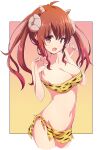  1girl animal_print bangs bikini border breasts cleavage collarbone curled_horns demon_girl demon_horns eyebrows_visible_through_hair fang hands_up highres horns large_breasts looking_at_viewer machikado_mazoku mel_(melty_pot) navel open_mouth print_bikini red_eyes red_hair skin_fang solo swimsuit tiger_print twintails white_border yellow_background yellow_bikini yoshida_yuuko_(machikado_mazoku) 