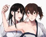  2girls akagi_(kantai_collection) armpits bare_shoulders black_hair breasts brown_eyes brown_hair cleavage commentary_request highres japanese_clothes kaga_(kantai_collection) kantai_collection kimono long_hair medium_breasts multiple_girls nidou short_hair side_ponytail simple_background upper_body white_background 