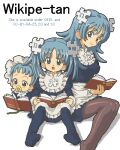 3girls aliasing apron aqua_eyes aqua_hair baby bangs blue_dress blue_legwear blush book brown_legwear character_name child closed_mouth commentary disconnected_mouth dress english_commentary eyebrows_visible_through_hair frills hair_ornament holding holding_book invisible_chair kasuga_(kasuga39) long_hair long_sleeves looking_at_viewer lowres mouth_hold multiple_girls multiple_persona no_shoes oekaki official_art older open_book open_mouth pacifier pantyhose puzzle_piece_hair_ornament reading simple_background sitting smile twintails waist_apron white_apron white_background wikipedia younger 