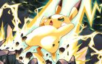  cloud commentary_request electricity from_below gen_1_pokemon green_eyes hyou_(hyouga617) lightning no_humans open_mouth outdoors pikachu pokemon pokemon_(creature) rock solo tongue 