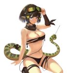  1girl arknights arm_strap bandeau bangs black_hair black_scarf blue_eyes earphones eunectes_(arknights) goggles goggles_on_head highres holding holding_wrench looking_at_viewer nanairo_(kim0116v) navel pointy_ears pouch scarf short_hair simple_background sitting snake_tail solo strapless tail thigh_pouch thigh_strap tubetop white_background wrench 