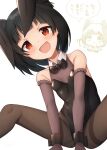  1girl :d :o ^^^ animal_ears bangs bare_shoulders between_legs binsen black_hair black_leotard black_neckwear blush bow bowtie breasts brown_gloves brown_legwear bunny_ears chibi chibi_inset clenched_hands elbow_gloves eyebrows_visible_through_hair feet_out_of_frame gloves hair_bun hand_between_legs highres idolmaster idolmaster_million_live! knees_up leotard nakatani_iku open_mouth pantyhose red_eyes simple_background sitting small_breasts smile spread_legs thighband_pantyhose translation_request v-shaped_eyebrows white_background wrist_cuffs 