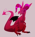  ambiguous_gender black_sclera blue_eyes claws curved_horn dotrook dragon feral grey_background horn open_mouth pear-shaped_figure pupils red_body red_scales scales sharp_teeth simple_background sitting slightly_chubby slit_pupils solo spade_tail teeth wide_hips wings 