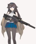  1girl bangs black_gloves black_hair black_legwear blue_hairband blue_skirt girls_frontline gloves gun hairband holding holding_gun holding_weapon long_hair looking_at_viewer mod3_(girls_frontline) pantyhose pleated_skirt purple_eyes rifle scope shirt skirt sleeveless sleeveless_shirt smile sniper_rifle solo super_sass super_sass_(girls_frontline) suppressor tab_(tabkun) trigger_discipline weapon white_shirt 