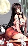  1girl absurdly_long_hair absurdres animal bamboo bangs bare_legs bare_shoulders black_hair breasts bunny cleavage closed_mouth frilled_sleeves frills full_moon hand_on_own_chin highres hime_cut houraisan_kaguya large_breasts long_hair long_skirt long_sleeves looking_at_viewer moon night off-shoulder_shirt off_shoulder pink_shirt purple_eyes raptor7 red_skirt shirt sidelocks sitting skirt smile solo touhou very_long_hair wide_sleeves 
