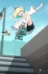  1girl amano_pikamee bangs black_hairband blonde_hair building green_eyes green_hair hair_between_eyes hairband highres indy_grab lamppost m._lee_lunsford midair multicolored_hair off-shoulder_shirt off_shoulder open_mouth sharp_teeth shirt short_hair skateboard skateboarding smile solo stairs teeth two-tone_hair virtual_youtuber voms white_shirt 