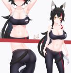  1girl absurdres animal_ears armpits arms_up ass bangs bare_shoulders black_hair blush braid breasts cleavage collarbone flipped_hair frenchi_yuzuriha hair_between_eyes highres hololive large_breasts long_hair looking_at_viewer low_ponytail multicolored_hair multiple_views navel nose_blush ookami_mio red_hair side_braid sidelocks signature simple_background smile sports_bra sportswear standing stomach streaked_hair tail tail_around_leg tail_wrap very_long_hair virtual_youtuber white_background wide_ponytail wolf_ears wolf_girl wolf_tail yellow_eyes 