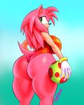  absurd_res alternate_hairstyle amy_rose anthro arkanman ball beach_ball big_breasts big_butt blue_background breasts butt clothing eulipotyphlan female gloves gradient_background green_background green_eyes hair handwear hedgehog hi_res long_hair looking_at_viewer looking_back looking_back_at_viewer mammal one-piece_swimsuit pink_body pink_hair side_boob simple_background solo sonic_the_hedgehog_(series) swimwear thick_thighs tight_clothing wide_hips 