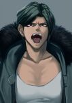  1boy bangs coat collarbone commentary_request danganronpa_(series) danganronpa_3_(anime) fur-trimmed_coat fur_trim green_coat green_hair grey_background grey_shirt looking_at_viewer male_focus munakata_kyousuke open_clothes open_coat open_mouth parted_bangs pectorals shirt short_hair simple_background sketti solo teeth upper_body 