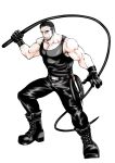  1boy bara beard belt black_footwear black_gloves black_hair black_pants boots facial_hair full_body gloves leather leather_pants looking_at_viewer muscular original owariya_ranko pants short_hair simple_background solo standing tank_top whip white_background 