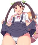  1girl :d amane_hasuhito backpack bag black_skirt blush brown_hair fang hachikuji_mayoi hairband long_hair monogatari_(series) open_mouth panties red_eyes school_uniform shirt short_sleeves simple_background skin_fang skirt smile solo twintails underwear white_background white_hairband white_panties white_shirt 