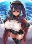  1girl aiguillette asanagi azur_lane bangs beret black_headwear black_legwear blush bra_through_clothes breasts cape cleavage closed_mouth covered_navel epaulettes eyebrows_visible_through_hair frown gloves hands_on_hips hat highres huge_breasts long_hair looking_at_viewer outdoors pola_(azur_lane) purple_hair red_eyes sidelocks skindentation solo standing thighhighs twintails water white_gloves 