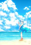  1girl bare_arms bare_legs bare_shoulders blue_bow blue_dress blue_eyes blue_hairband blue_sky blush bow brown_footwear closed_mouth cloud cloudy_sky commentary_request dress eyebrows_visible_through_hair full_body hair_bow hairband highres ikuya@ konpaku_youmu looking_at_viewer ocean profile sand shoes short_hair silver_hair sky sleeveless sleeveless_dress smile solo touhou v 