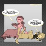  1:1 anime belly_rub canid canid_taur canine canis centaur comic domestic_dog duo english_text equid equid_taur equine final_fantasy final_fantasy_xv frankly-art gladiolus_amicitia hair humanoid_taur male male/male mammal mammal_taur manga pan-demonium prompto_argentum square_enix taur text video_games 