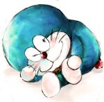  2017 anthro bell blue_body blue_fur digital_media_(artwork) domestic_cat doraemon doraemon_(character) felid feline felis foot_grab fur machine male mammal mouth_closed mt_tg one_eye_closed red_nose robot shaded simple_background sitting solo touching_face whiskers white_background white_body white_fur 